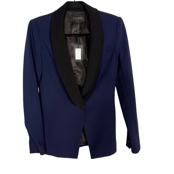 New LAVEER Womens Size 0 Navy Blue Black Tux Blazer Shawl Collar Single Button - Picture 1 of 12